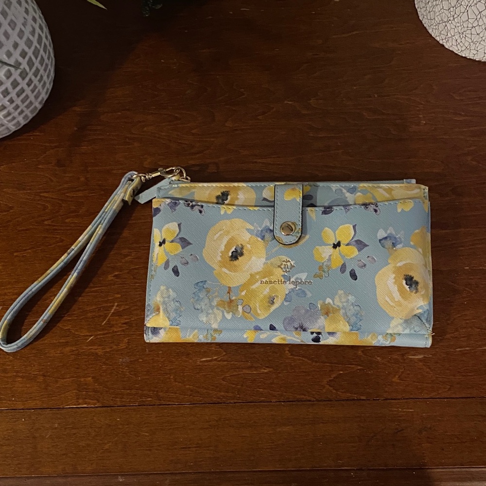 Floral Blue and Yellow Wallet with Wrist Strap